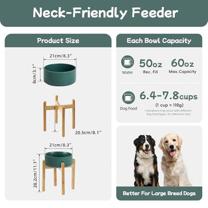 Havniva 8.3” Dog Bowls Elevated Ceramic Dog Food and Water Bowl, Raised Dog Water Bowl with Stand Non-Slip Rubber Base Large Capacity Feeding Pet Food Bowl for Large Dogs - color: Matte Dark Green - Bowl+Stand, size: 8.3 Inch