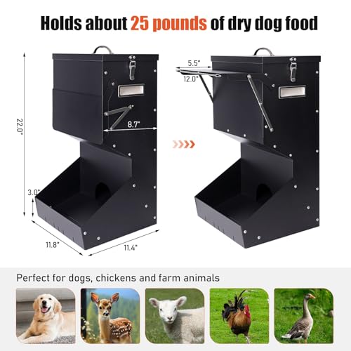 Outdoor Automatic Dog Feeder Large Breed 25 lbs, Galvanized Gravity Feeder for Dogs Metal Self Feeding Dog Food Dispenser Hanging Pet Food Feeders for Dogs Chickens and Farm Animals