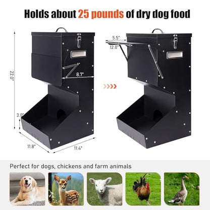 Outdoor Automatic Dog Feeder Large Breed 25 lbs, Galvanized Gravity Feeder for Dogs Metal Self Feeding Dog Food Dispenser Hanging Pet Food Feeders for Dogs Chickens and Farm Animals