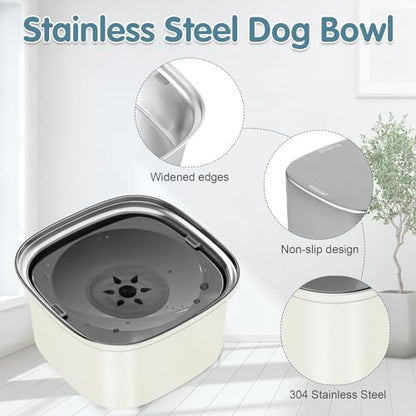 UPSKY 3L Dog Water Bowl 101oz Stainless Steel No Spill Large Capacity Dog Food Water Bowl Slow Water Feeder, Spill Proof Pet Water Dispenser Vehicle Carried Travel Water Bowls - color: J-Beige