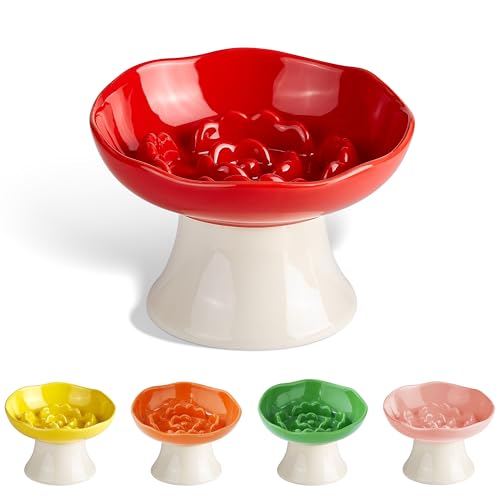 Ceramic Slow Feeder Bowl for Cats and Small Dogs, Elevated Tilted Pet Food Dish, Whisker Friendly Anti-Vomit Design, Heavy Stable Base, Dishwasher Safe， 5 Colors Options (Ruby Red) - color: Ruby Red