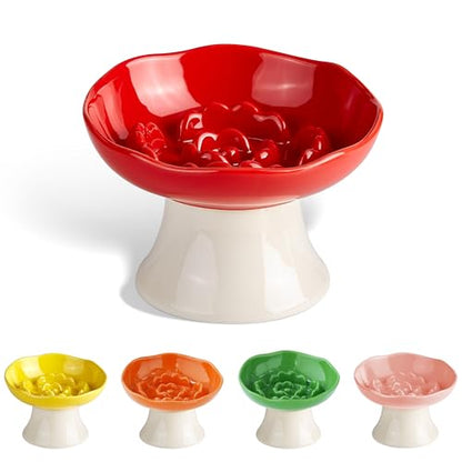 Ceramic Slow Feeder Bowl for Cats and Small Dogs, Elevated Tilted Pet Food Dish, Whisker Friendly Anti-Vomit Design, Heavy Stable Base, Dishwasher Safe， 5 Colors Options (Ruby Red) - color: Ruby Red