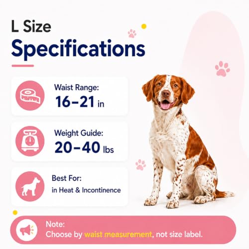 Disposable Female Dog Diapers for Waist 16–21 in, Leakproof, Super Absorbent, Soft Breathable Lining, for Dogs in Heat or Incontinence, 22 Count, L - size: Female 22ct Waist 16~21in(L)