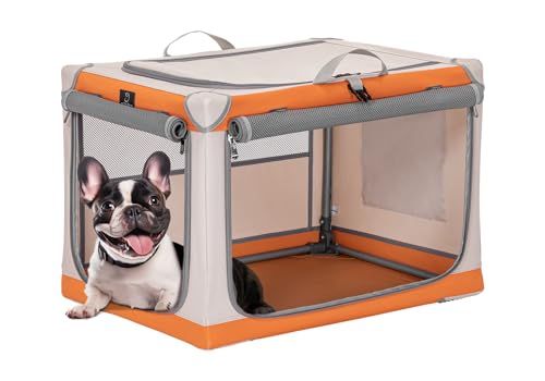 26" Collapsible Dog Crate for Small Dogs - Portable Soft Travel Kennel with Lockable Zippers, Waterproof Base, Washable Cover, Patented Screw Frame for Adjustable Tension, Outdoor, Indoor, Car Use - color: Orange+Beige, size: 26.0"L x 19.0"W x 18.0"H