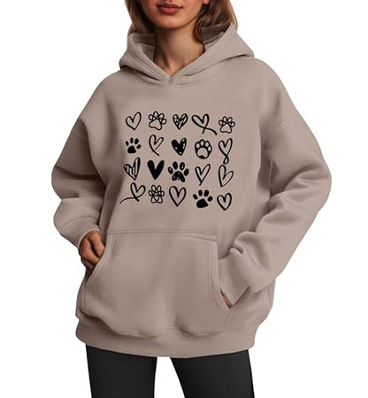 Womens Dog Paw Hoodie-Long Sleeve Pullover Fleece Lined Dog Mom Sweatshirts with Pocket - color: A-grey Brown, size: Large