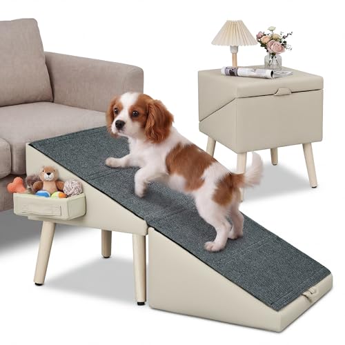 Dog Ramp for Couch and Bed, 17" H Stairs for Small to Medium Dogs and Cats Foldable Steps for Pets to Get on High Bed, Non-Slip Sturdy Ottoman Ramp with Storage Drawer, Beige - color: Beige