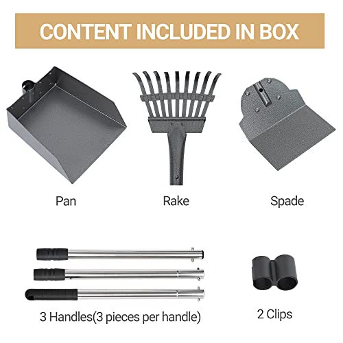 Heeyoo Dog Pooper Scooper, Dog Poop Tray and Rake Set, Pet Waste Removal Scoop with Long Adjustable Sectional Stainless Handles - color: Silver/Black
