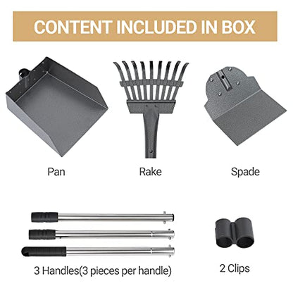 Heeyoo Dog Pooper Scooper, Dog Poop Tray and Rake Set, Pet Waste Removal Scoop with Long Adjustable Sectional Stainless Handles - color: Silver/Black
