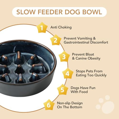 Havniva 0.9 Cup Elevated Slow Feeder Dog Bowls, 6.1” Dog Slow Feeding Bowls + 6.1” Ceramic Dog Water Bowls Set with Acacia Wood Stand, Dog Food Bowls Puzzle Feeder for Small Dogs Non-Slip Anti-choking - color: 2 x Starry Sky + Stand - C, size: S- 6.1inch