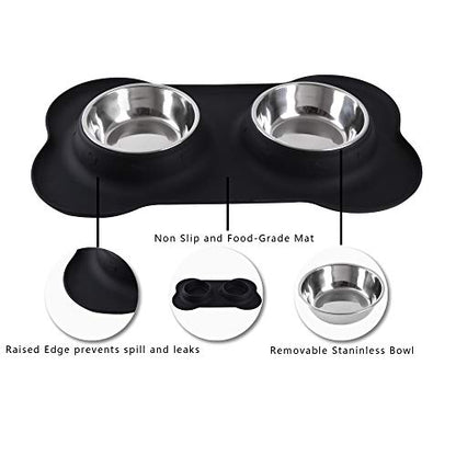 Hubulk Pet Dog Bowls 2 Stainless Steel Dog Bowl with No Spill Non-Skid Silicone Mat + Pet Food Scoop Water and Food Feeder Bowls for Feeding Small Medium Large Dogs Cats Puppies (S, Black) - color: Black, size: Small