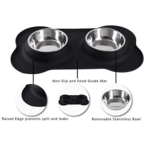 Hubulk Pet Dog Bowls 2 Stainless Steel Dog Bowl with No Spill Non-Skid Silicone Mat + Pet Food Scoop Water and Food Feeder Bowls for Feeding Small Medium Large Dogs Cats Puppies (S, Black) - color: Black, size: Small
