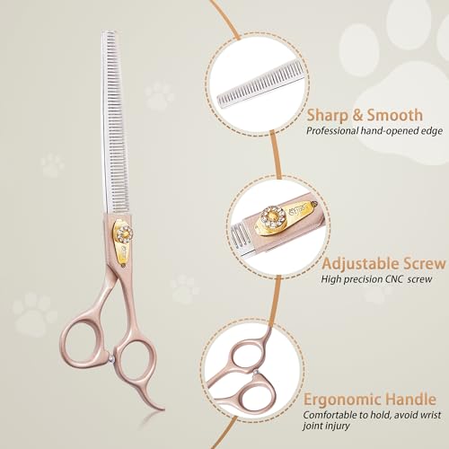 Professional Dog Grooming Scissors Rose Gold 440C Stainless Steel Straight Thinning Curved Chunker Shears for Pet Grooming Services Dogs and Cats (Thinning, 7.5‘’) - size: 7.5‘’, style: Thinning