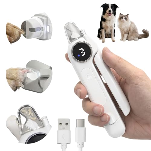 2-in-1 Cat Nail Clippers & Dog Nail Clippers with Light, Rechargeable Pet Nail Trimmer for Dogs & Cats, Quiet Electric Nail File with Safety Guard, Nail Catcher & 3 Speeds for Small Medium Large Pets - color: white