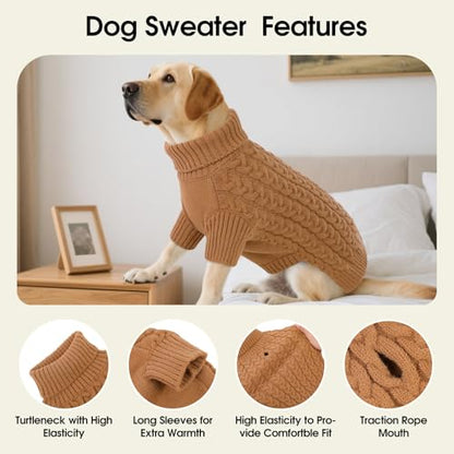 SAWMONG Dog Sweater, Dog Sweaters for Medium Dogs Girls Boys, Pullover Turtleneck Knitted Doggy Sweatshirt, Cold Weather Pet Clothes（Khaki, Medium - color: Khaki, size: Medium