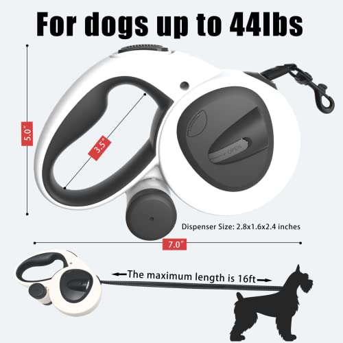 HCY&WLD Upgrade 4-in-1 Retractable Dog Leash with LED Light & Dispenser & Poop Bags, 16 ft Heavy Duty Dog Leash with Anti-Slip Handle for Dogs up to 44 lbs, 360° Tangle-Free, One Button Brake & Lock - size: Small