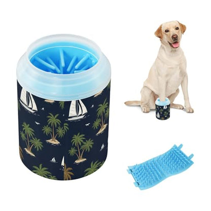 Tropical Palm Tree Blue Print Dog Paw Cleaner Cup with Soft Silicone Brush, Portable Small Lightweight Muddy Paw Washer for Dogs, Easy to Use Pet Foot Cleaner