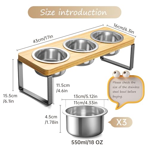 Elevated Cat Bowls with 3 Stainless Steel Bowls | 10° Tilted Anti-Vomiting Raised Cat Food Bowl for Small Cats and Puppies Pet Bowl with Stand - color: Bamboo