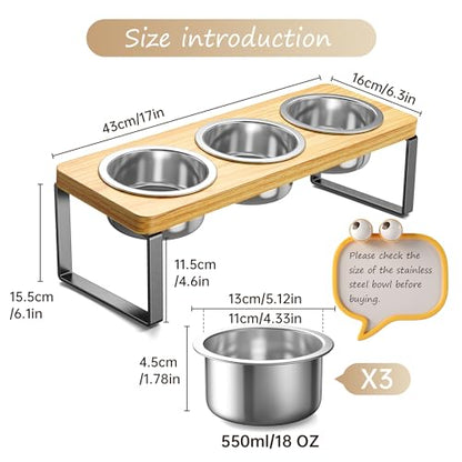 Elevated Cat Bowls with 3 Stainless Steel Bowls | 10° Tilted Anti-Vomiting Raised Cat Food Bowl for Small Cats and Puppies Pet Bowl with Stand - color: Bamboo