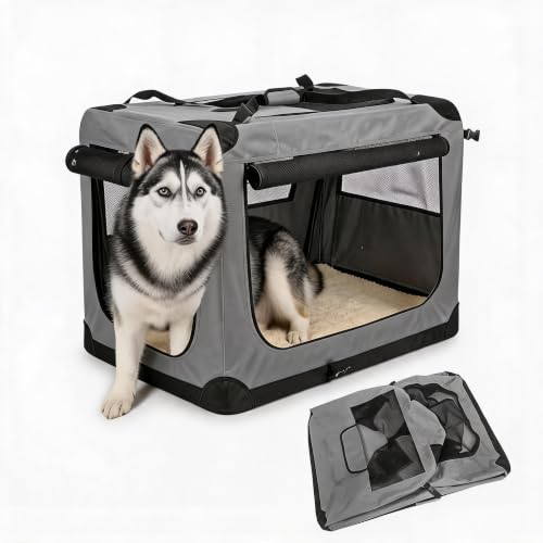 36 Inch Soft Dog Crate Collapsible 3-Door Travel Kennel for Large Dogs Indoor Outdoor Car Use, with Portable Fleece Bed, Side Pocket & Safety Zippers - size: XL 36x25x25''
