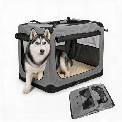 42 Inch Soft Dog Crate Collapsible 3-Door Travel Kennel for Large Dogs Indoor Outdoor Car Use, with Portable Fleece Bed, Side Pocket & Safety Zippers - size: XXL 42x28x28''