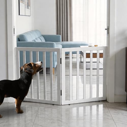 Dog Gate Indoor, Freestanding Dog Fence for The House, Doorways, Hallways,or Stairs,Pet Gate Foldable Wooden,Expandable 24" Height 2 Panels,White - color: White, size: 【2 Panels】40‘’w x 24''h