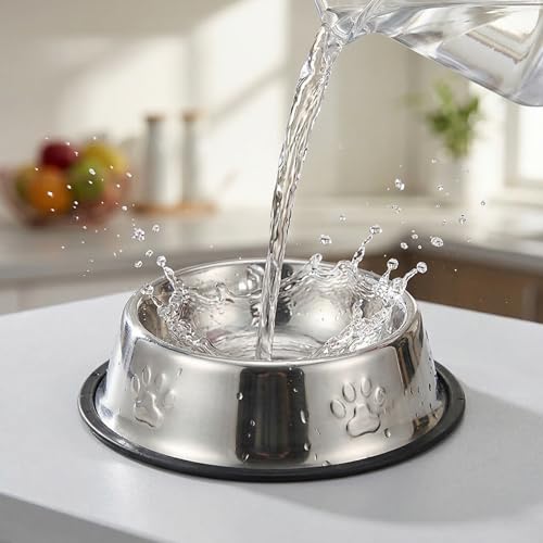 Dog Bowls, 18cm Rust-Proof Stainless Steel Dog Bowls with Non-Slip Rubber Base, Anti-Tip Metal Water Dish and Durable Mirror Polished Pet Feeding Bowl for Small Medium Puppies and Cats Meal Time