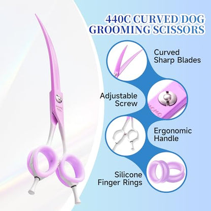 7'' Curved Dog Grooming Scissors Violet to White Gradient | 440C Stainless Steel, Sharp Durable, Professional or Home Use, Ergonomic Handle with 2 Silicone Finger Rings - color: Violet
