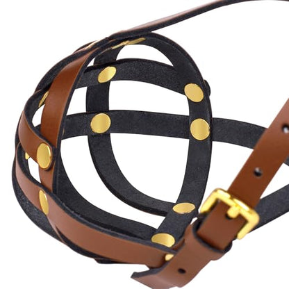 OOPSDOGGY French Bulldog Dog Muzzle for Short Snout Dog - Leather Breathable Secure Basket Muzzle for Frenchie Prevents Biting No Chewing Adjustable (Brown) - color: Brown