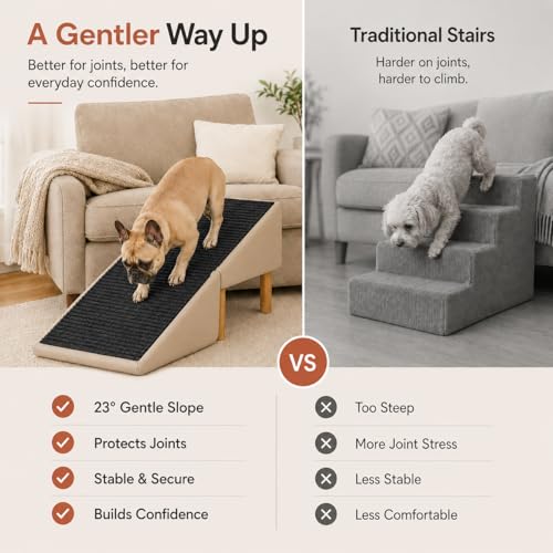 Dog Ramp for Bed and Couch, 2-in-1 Pet Ramp Ottoman, 16" High | Low-angle 23° incline with non-slip washable surface helps protect joints for small dogs, puppies and senior pets
