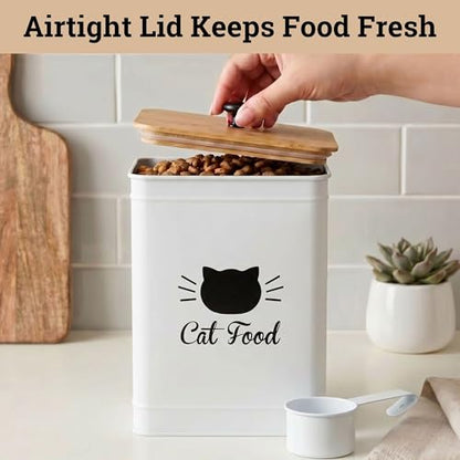 Cat Food Storage Container with Scoop - 5-7 lb (25 Cup) Capacity Metal Cat Food Container with Airtight Bamboo Lid and Metal Scoop - Airtight Pet Food Storage Containers 5 lb - 7 lb Kibble Container - color: White