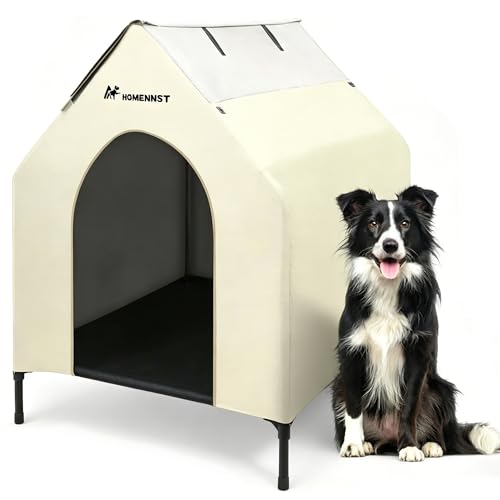 Outdoor Dog House, 2-in-1 Dog House for Small/Medium Dogs, Thicken Weatherproof Canopy Puppy Shelter Elevated Dog Bed with Windows (White, 36 Inch)