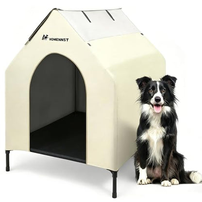 Outdoor Dog House, 2-in-1 Dog House for Small/Medium Dogs, Thicken Weatherproof Canopy Puppy Shelter Elevated Dog Bed with Windows (White, 36 Inch)