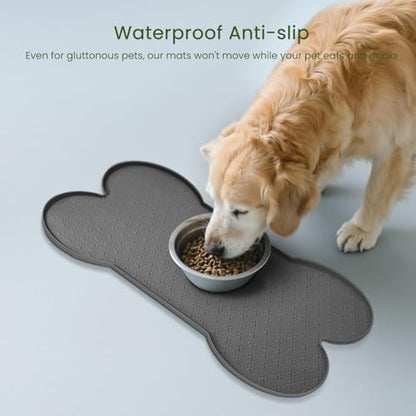 PWTAA Dog Food Mat Anti-Slip Silicone Dog Bowl Mat Thicker Pet Placemat Waterproof Cat Feeder Pad with Raised Edge Puppy Kitten Feeding Mats Suitable Small Medium-Sized Dogs Cats Eating Tray - color: Grey, size: 19.4" x 9.8"