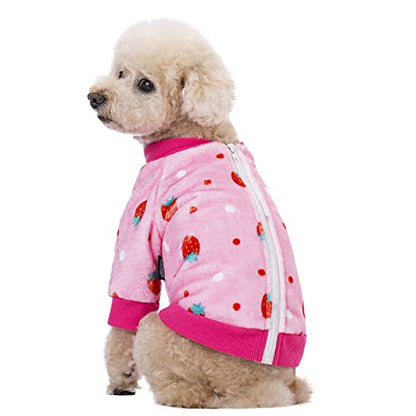 Thick Small Dog Clothes, Flannel Puppy Hoodie, Pink Strawberry Print Pet Sweatshirt, Cat Apparel (S, Pink) - color: Pink Strawberry, size: Small