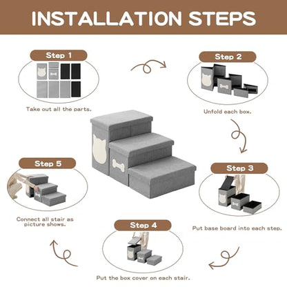 3-Step Wider Dog Steps for Bed 17" H, Foldable Dog Stairs with Storage, Non-Slip Pet Steps for Small Medium Large Dogs, Arthritis-Friendly Pet Stairs for Couch and Car Up to 200 lbs, Grey - size: 3-Step