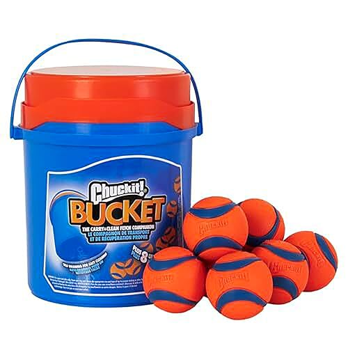 Chuckit! Ultra Ball Dog Toy with Chuckit! Cleaning Bucket, Bouncy Fetch Pet Toys For Dogs 20-60 lbs, Interactive Dog Toys, Durable Rubber, Size Medium, 2.5-inch Diameter, 8-Pack of Balls - size: Medium, style: Medium (8 Pack Bucket)