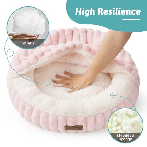 Cat Bed with Hooded Blanket, Round Fluffy Anti-Anxiety Pet Bed for Cats/Small Dogs, Cozy Donut Cuddler with Machine Washable Faux Fur & Anti-Slip Bottom(23"×23"×6",Pink) - color: Pink, size: 23"×23"×6"