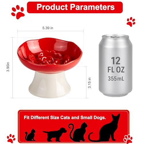 Ceramic Slow Feeder Bowl for Cats and Small Dogs, Elevated Tilted Pet Food Dish, Whisker Friendly Anti-Vomit Design, Heavy Stable Base, Dishwasher Safe， 5 Colors Options (Ruby Red) - color: Ruby Red