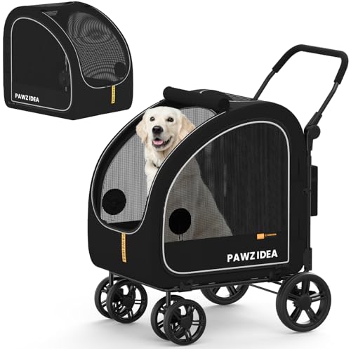 PAWZIDEA 3-in-1 Dog Stroller for Large Dogs with Detachable Carrier up to 100lb, 45% Extra Tall Dog Car Crate Sit Upright, Foldable Pet Stroller for 2 Medium Dogs All-Terrain Jogger, Adjustable Handle - color: Black Warrior