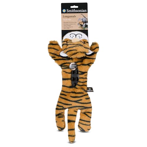 Smithsonian Longamals Tiger Plush Dog Toy – 20" Crinkle & Squeaky, Stuffing-Free Interactive Tug Toy for Medium & Large Dogs - color: Tiger, size: 20"
