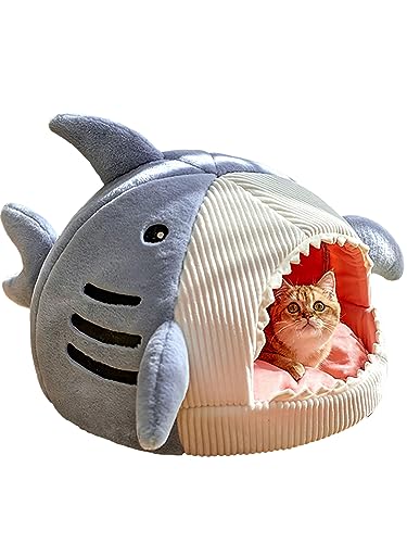 QWINEE Cat Mat Shark-Shaped Kennel Kitten Bed Hideout House Warm Soft Comfortable Semi-Closed Cat Dog Nest Blue M - color: Blue, size: Medium
