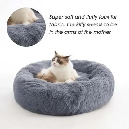 SALAN Calming Donut Dog Bed for Small Dogs and Cats, 16 Inch Round Plush Faux Fur Pet Bed, Washable Fluffy Self Warming Anti Anxiety Cuddler Bed for Puppy, Kitten, Indoor Cats (Brown) - color: Brown