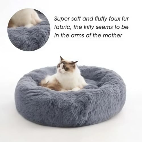 SALAN Calming Donut Dog Bed for Small Dogs and Cats, 16 Inch Round Plush Faux Fur Pet Bed, Washable Fluffy Self Warming Anti Anxiety Cuddler Bed for Puppy, Kitten, Indoor Cats (Khaki) - color: Khaki