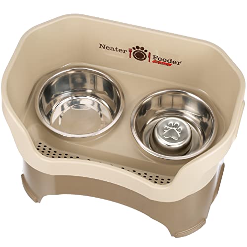 Neater Feeder Deluxe Mess Proof Dog Bowls Elevated for Large Breeds – Made in USA – No Spill Raised Slow Feeder Elevated Dog Bowl Stand, Stainless Steel Food and Water Bowl Set, Cappuccino - color: Cappuccino, size: Large with Slow Feed Bowl