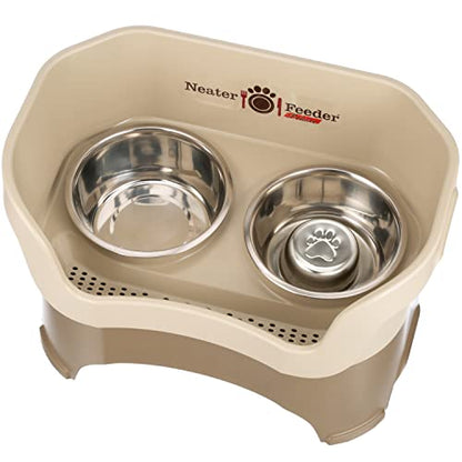 Neater Feeder Deluxe Mess Proof Dog Bowls Elevated for Large Breeds – Made in USA – No Spill Raised Slow Feeder Elevated Dog Bowl Stand, Stainless Steel Food and Water Bowl Set, Cappuccino - color: Cappuccino, size: Large with Slow Feed Bowl