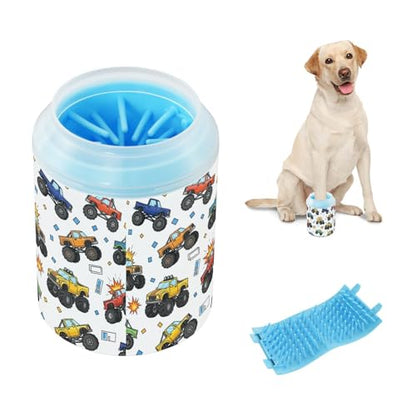 Monster Trucks White Pattern Dog Paw Cleaner Cup with Soft Silicone Brush, Lightweight Small Portable Muddy Paw Washer for Dogs, Easy to Use Pet Foot Cleaner
