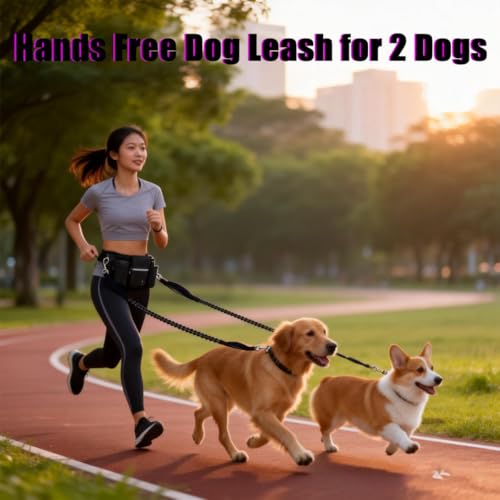Hands Free Dog Leash for 2 Dogs, Adjustable Waist Belt, Reflective Stitching Leash with Double Padded Handles for Running, Hiking - color: Black
