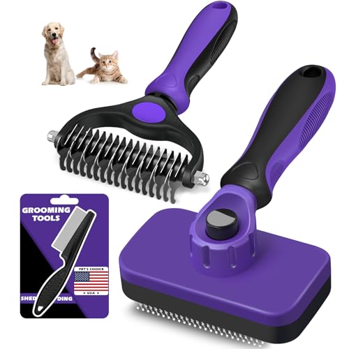 Professional 3PCS Self Cleaning Slicker Brush & Pet Grooming Rake & Flea Comb for Dogs,Cats and Horses | Double-Sided Dematting Comb & Skin Friendly Deshedding Grooming Tool | Pet Supplies - color: Purple