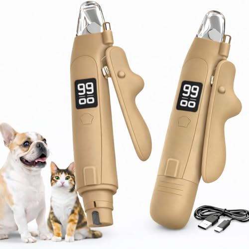 2-in-1 Dog Cat Nail Clippers with Light Bloodline Indicator & Electric Grinder – Type-C Rechargeable Dog Cat Nail Trimmer – Low Noise Grooming Tool with Battery Display (Dark Beige) - color: Dark Beige