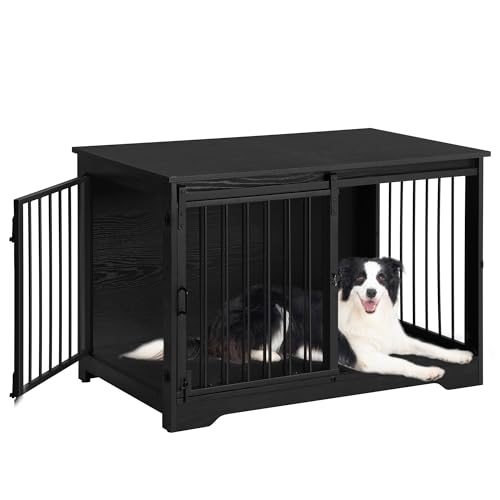 Hzuaneri 39.3" Dog Crate Furniture with Barn Door, Heavy Duty Dog Kennel Indoor with 2 Doors, Wooden Pet Cage End Table for Large Small Medium Dogs, Anti-Chew Anti-Escape, Black DFC02304B - color: Black, size: 39.3"L x 23.6"W x 26.8"H